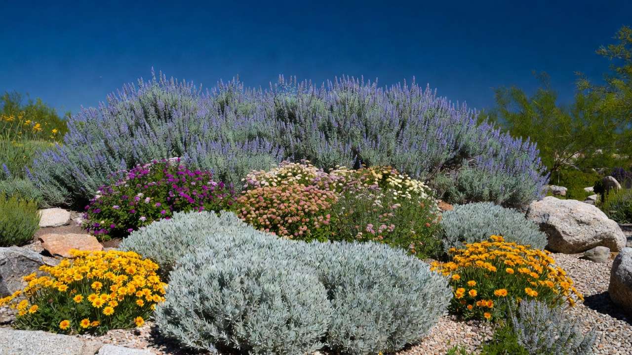Layered low-water garden design with Russian sage, lantana, Texas sage, and gaillardia for hot climates