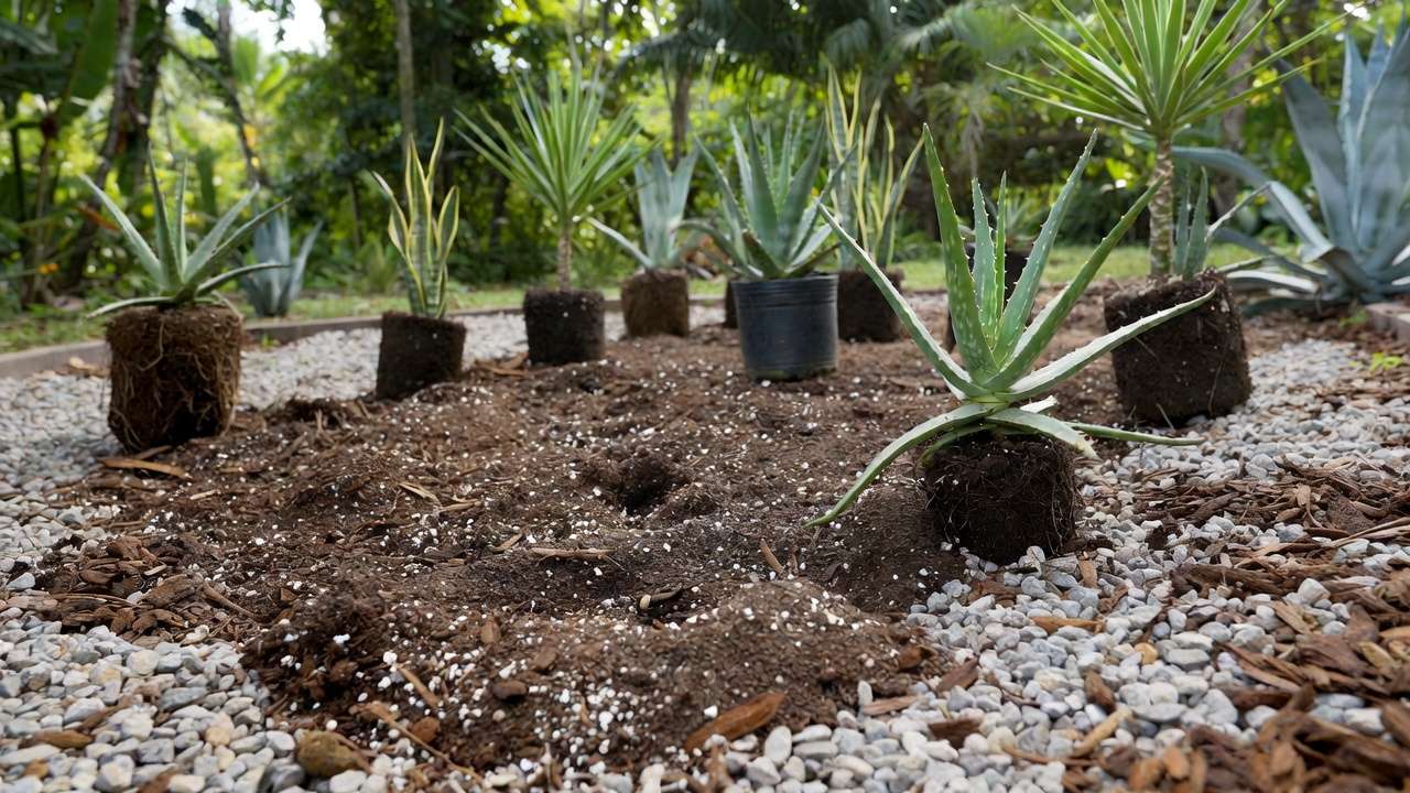 Planting low-water tropical plants like aloe and agave in well-drained soil for humid heat gardens