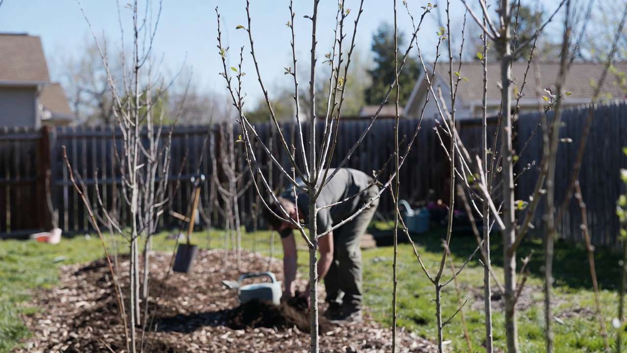 Gardener planting young apple and pear trees for cross-pollination in backyard