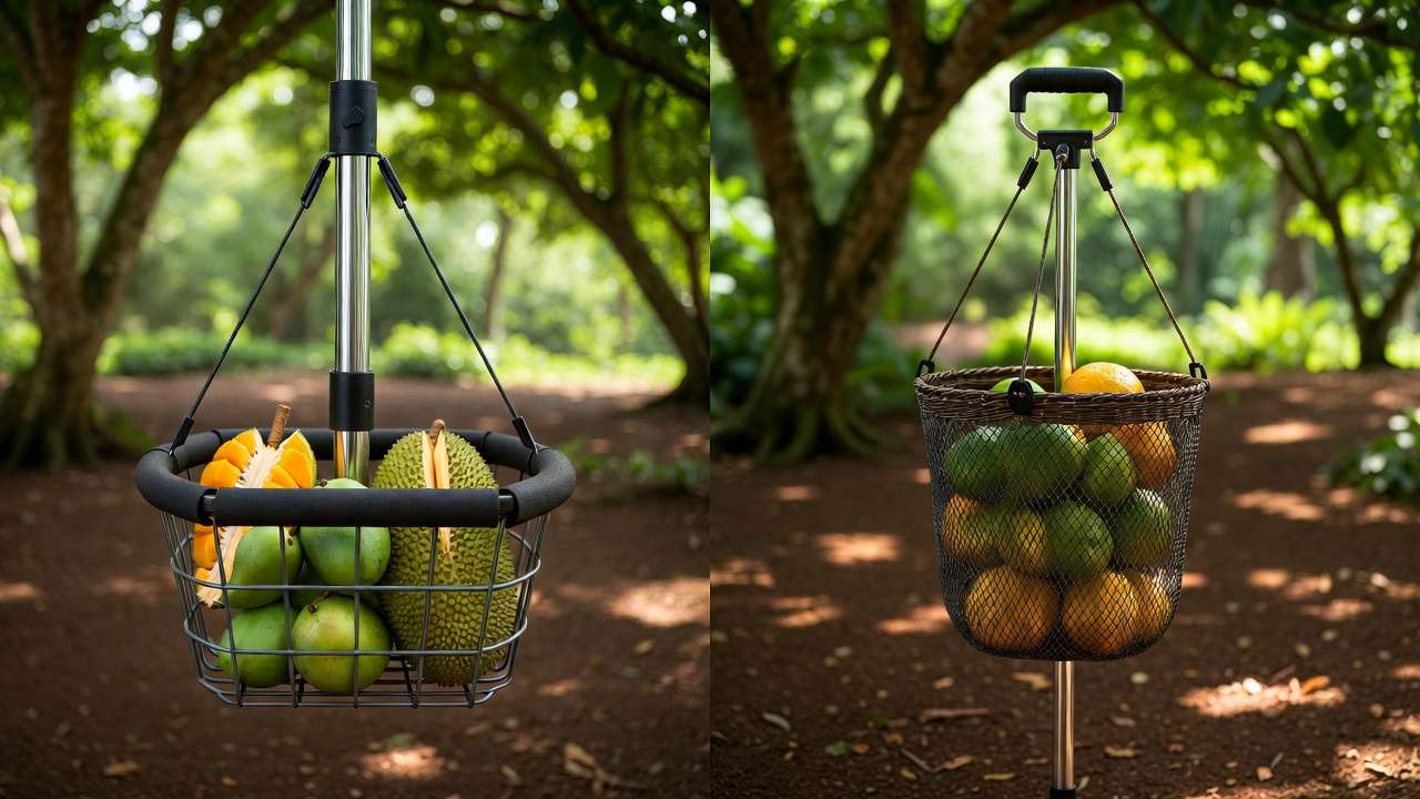 Comparison of telescoping fruit harvesting poles and padded baskets for different tree heights and fruit types