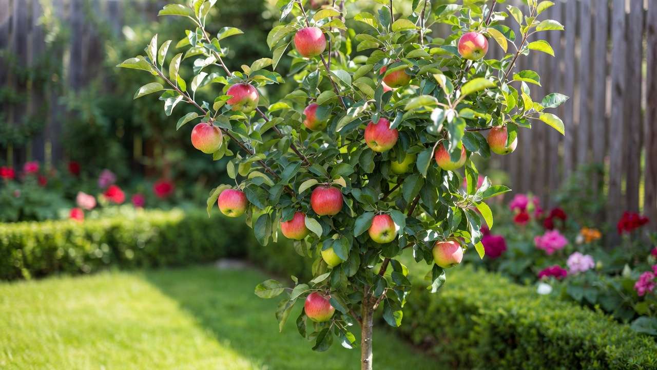 Dwarf apple tree thriving in a small home backyard garden