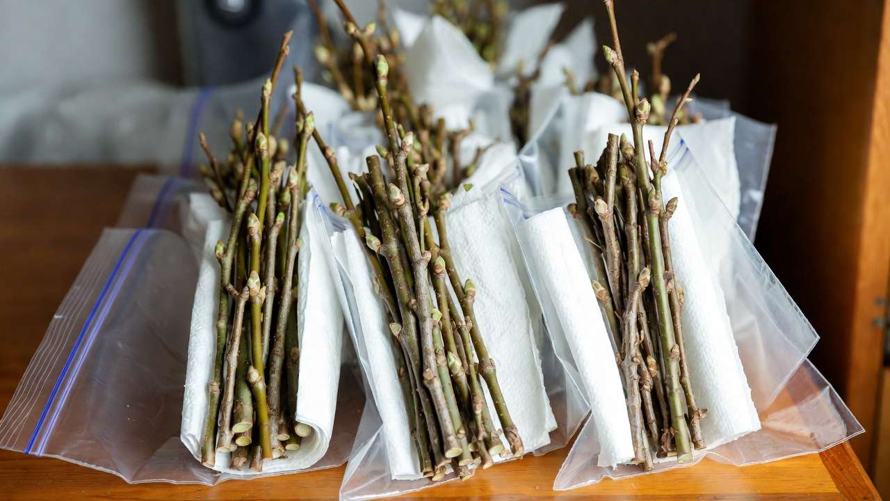 Bundles of scion wood wrapped and stored in plastic bag for successful fruit tree grafting preparation