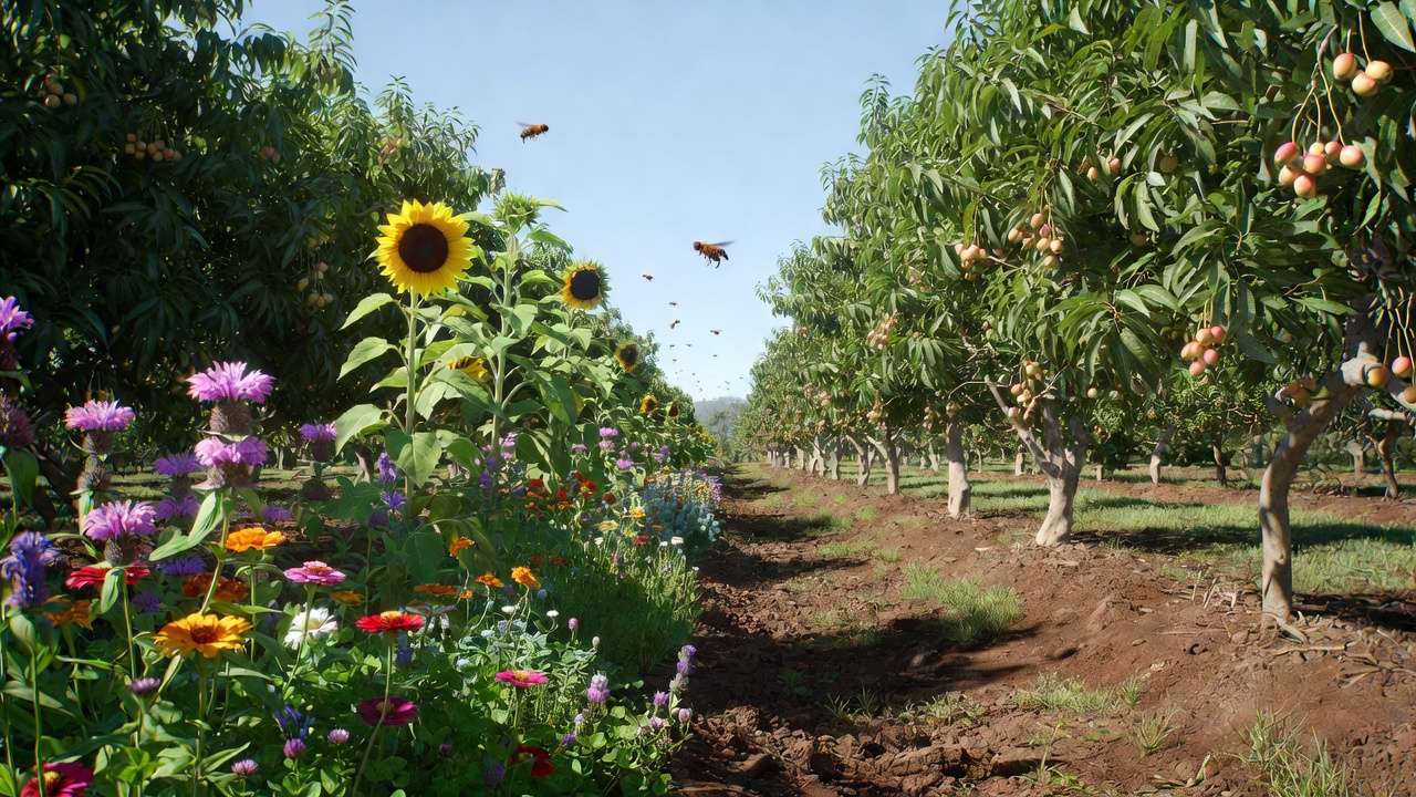 Layered pollinator-friendly border strip planted beside mango and litchi orchard trees with diverse blooming flowers
