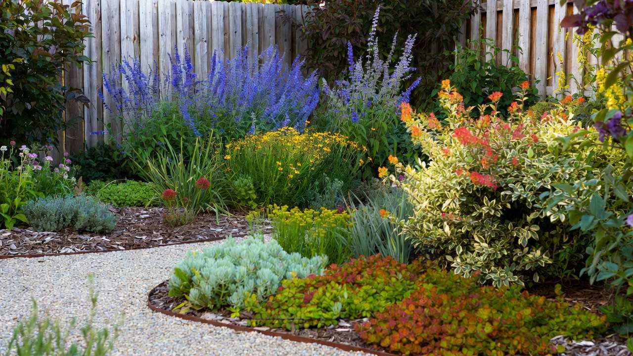 Layered design of low-maintenance plants for small yards with Russian sage, coreopsis, and spirea creating depth and color