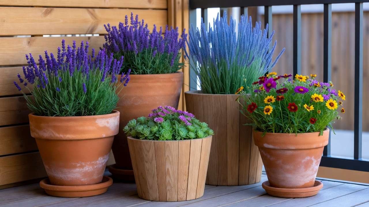 Low-maintenance plants for small yards in containers on a patio including lavender, sedum, and blue fescue for flexible gardening