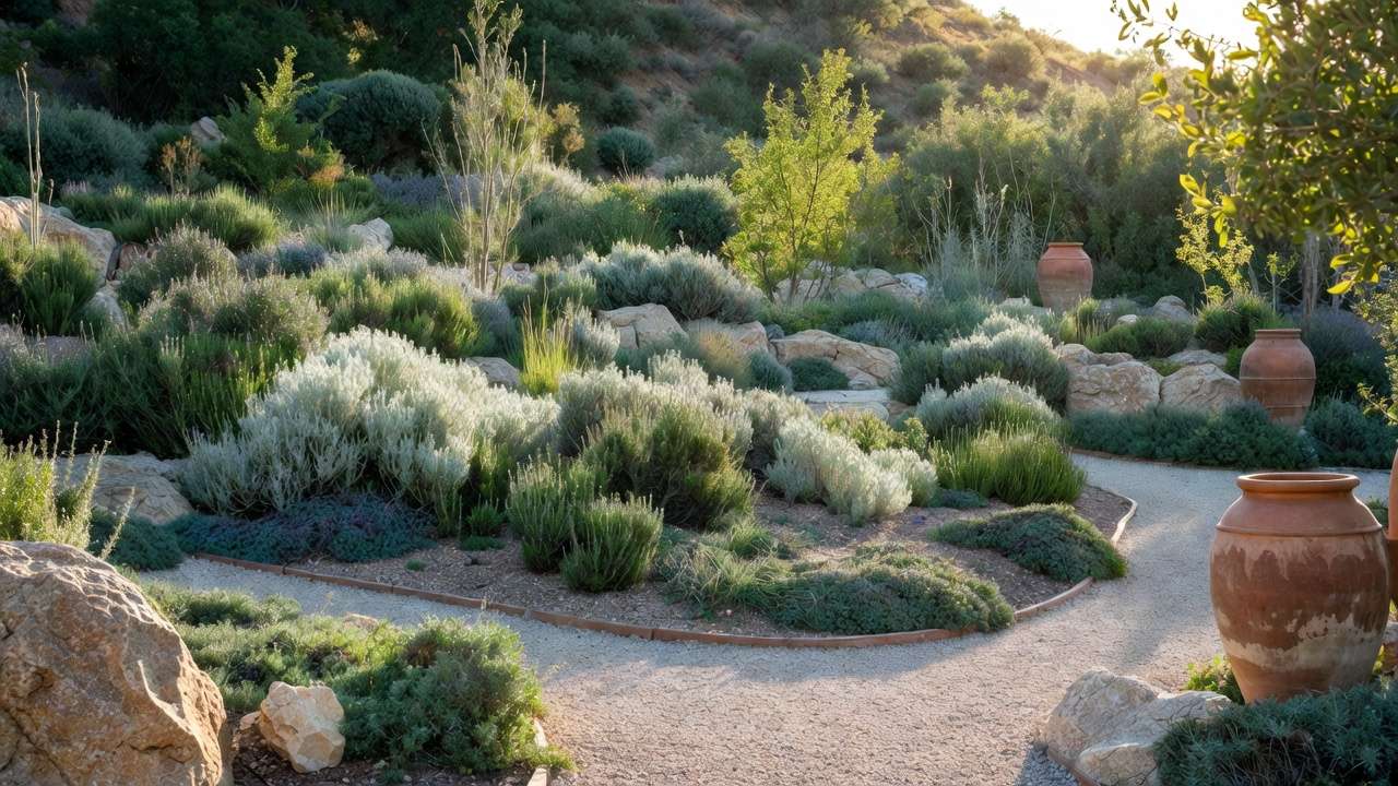 Stunning low-water Mediterranean garden design with layered shrubs, gravel paths, and xeriscape elements for drought-tolerant beauty.