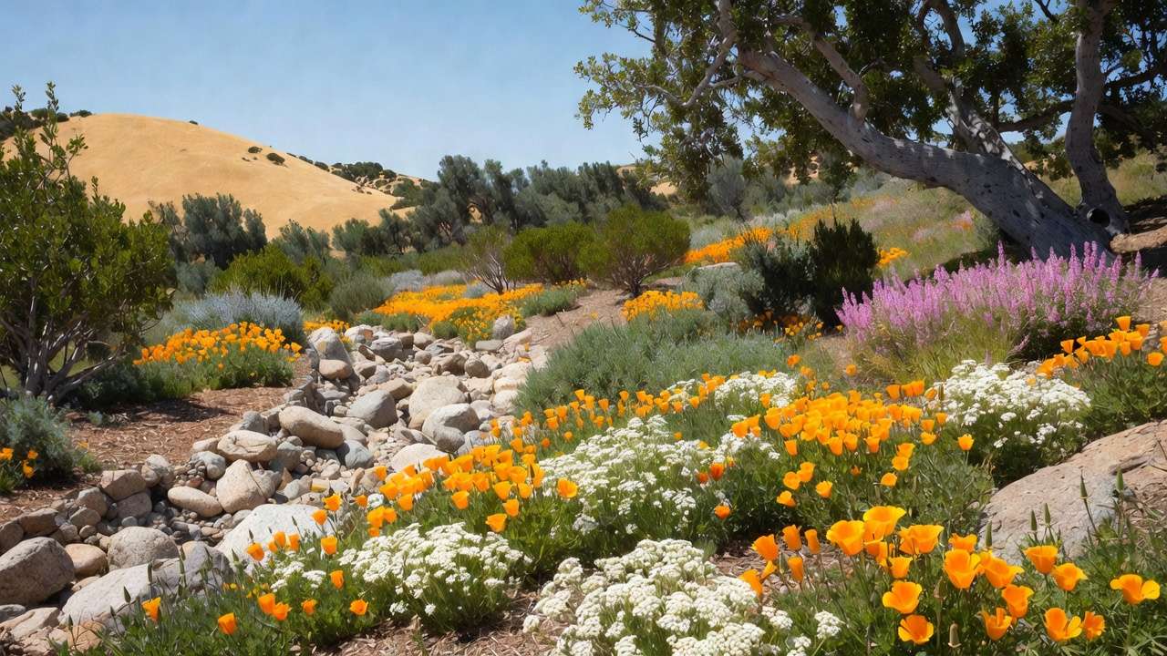 Layered low-water native garden design with oak, redbud, Ceanothus, and poppies