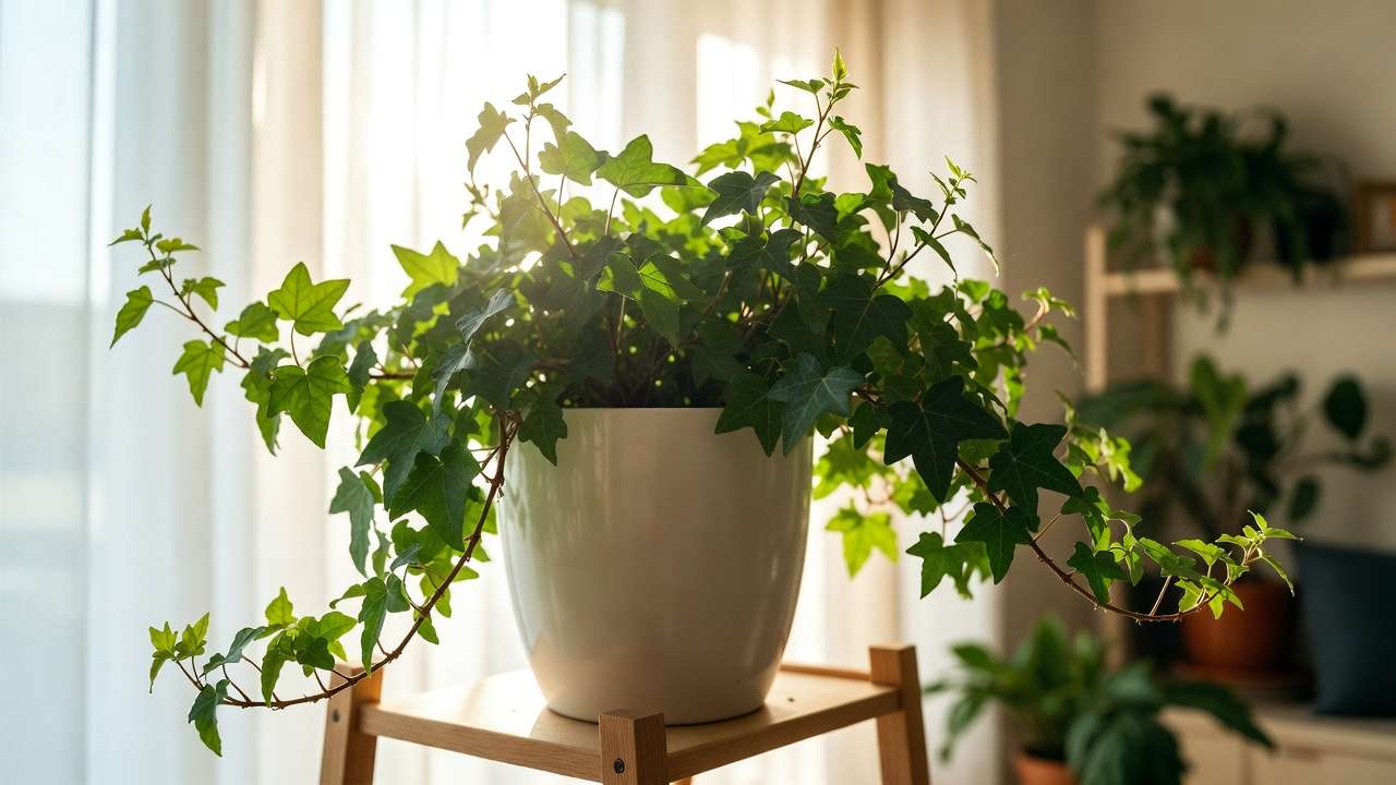 Thriving English ivy in pot on shelf, ideal low-maintenance houseplant for indoor air cleaning.