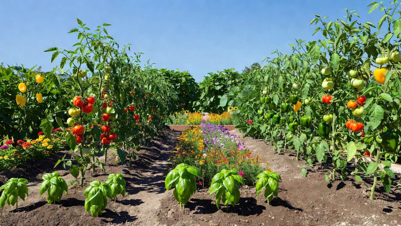 Step-by-step companion planting layout with tomatoes, peppers, basil and marigolds for better pollination