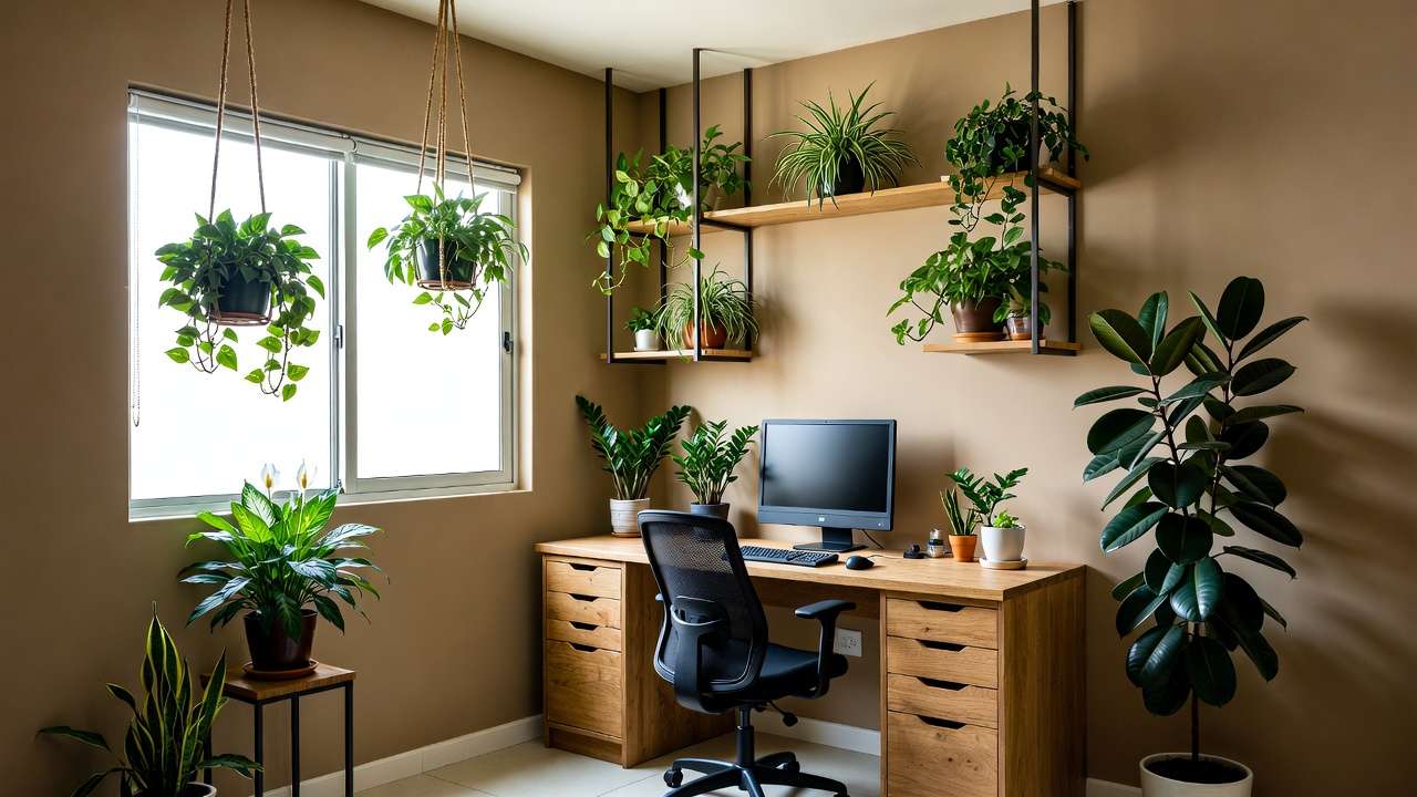 Modern home office setup with strategically placed indoor plants including hanging pothos, floor rubber plant, peace lily, and desk snake plant for plant therapy benefits