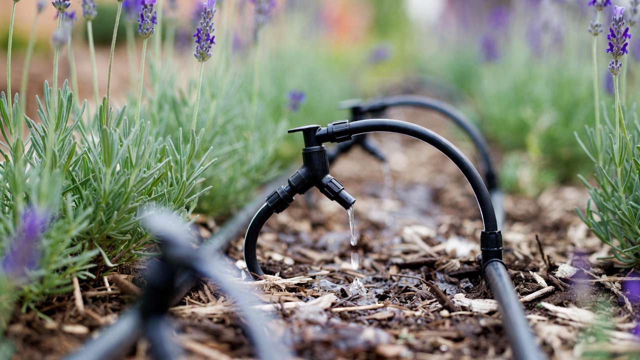 Close-up of drip emitters delivering water to drought-tolerant plants in xeric garden installation with mulch and black tubing