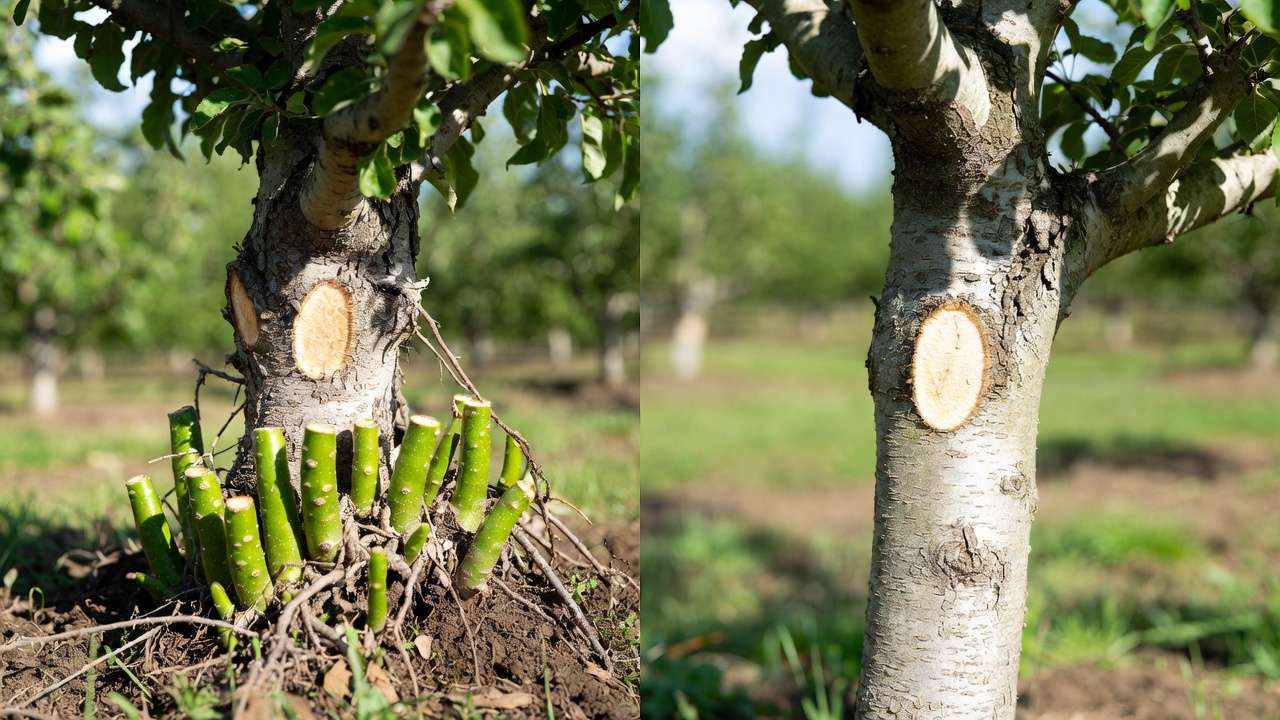 Before and after sucker removal on apple tree trunk showing clean results
