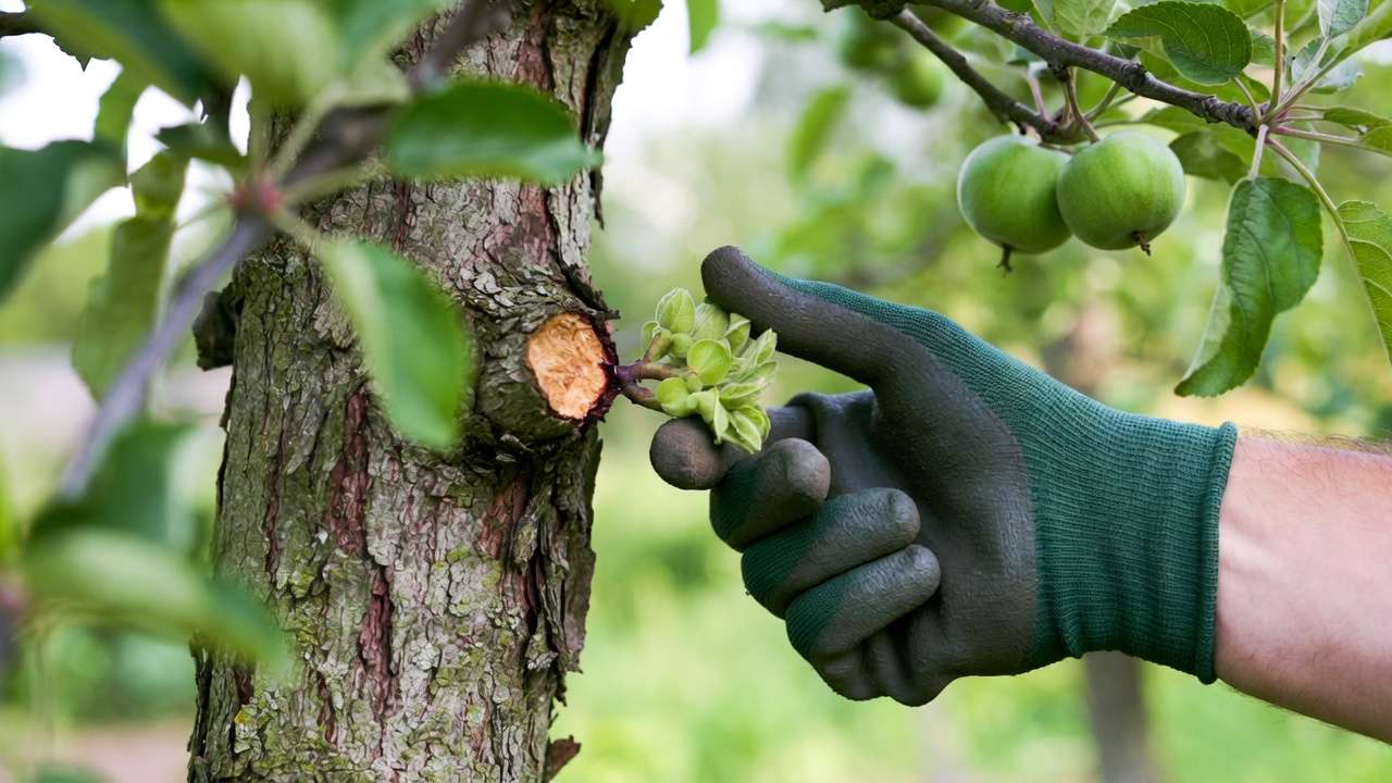 Close-up of hand removing young sucker from fruit tree base for proper technique