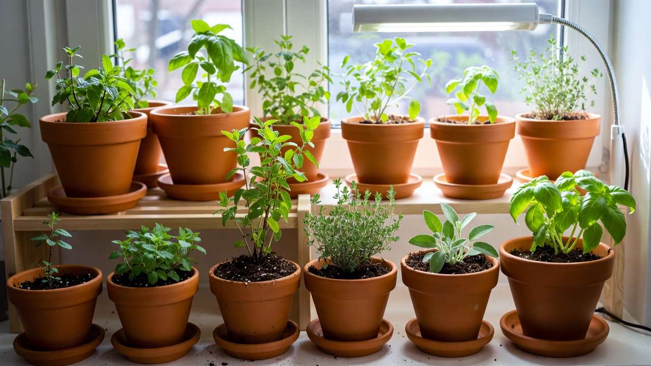 Setting up indoor herb pots with drainage soil and aromatic plants like mint thyme on windowsill for easy aromatherapy garden.
