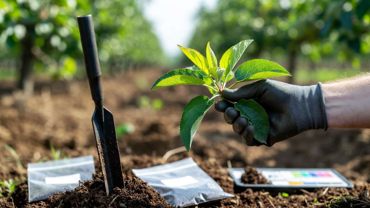 Gardener collecting leaf and soil samples for nutrient testing in fruit orchard