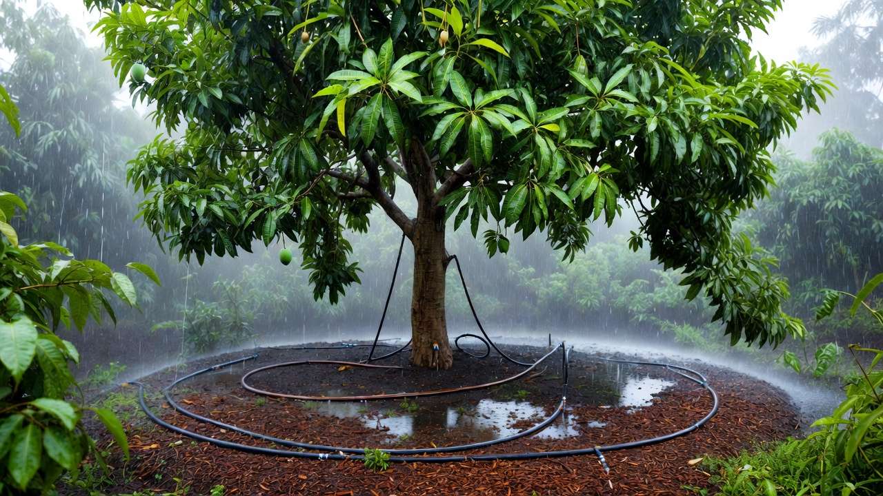Soaker hose drip irrigation using harvested rainwater on mango tree roots for efficient sustainable watering