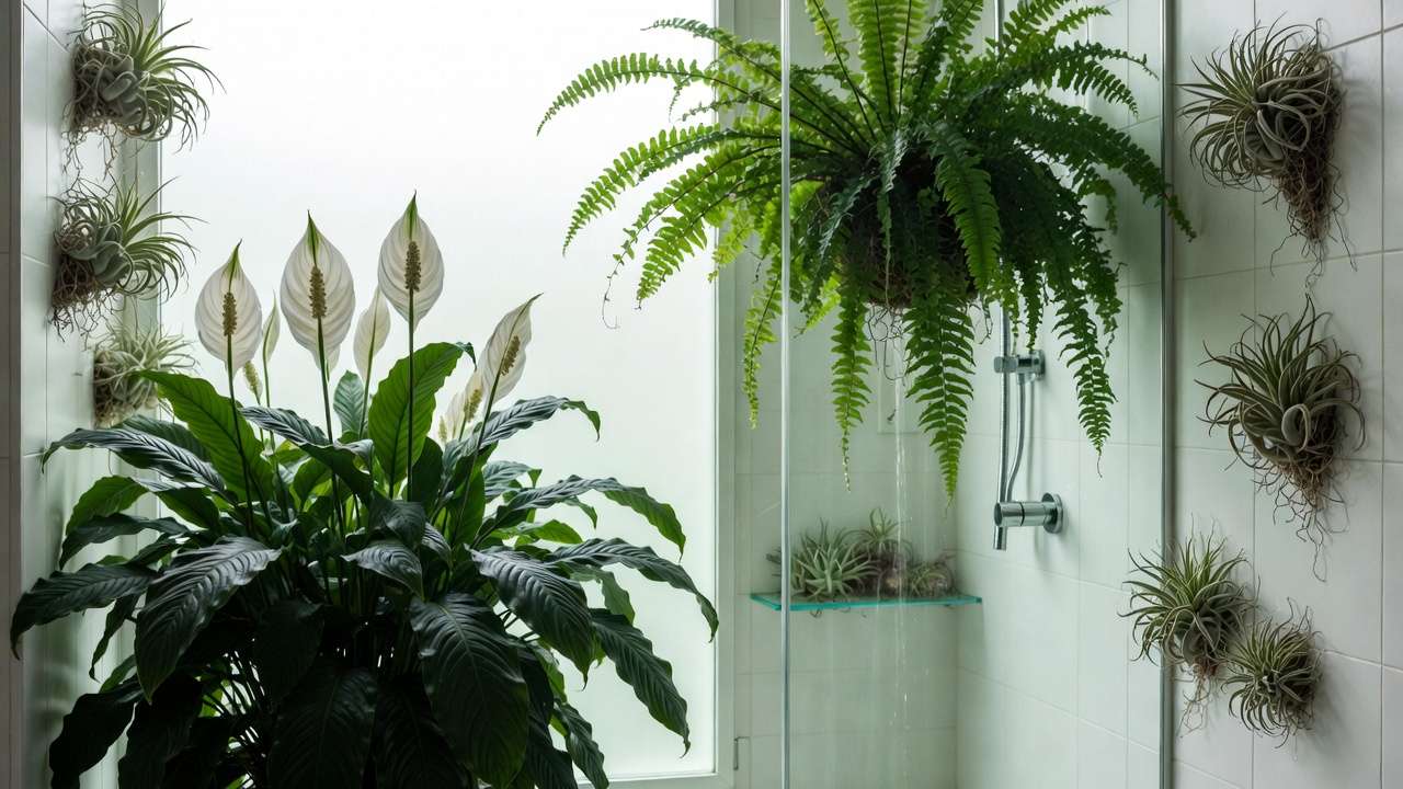 Bathroom houseplants peace lily, Boston fern, and air plants to boost humidity and purify air naturally