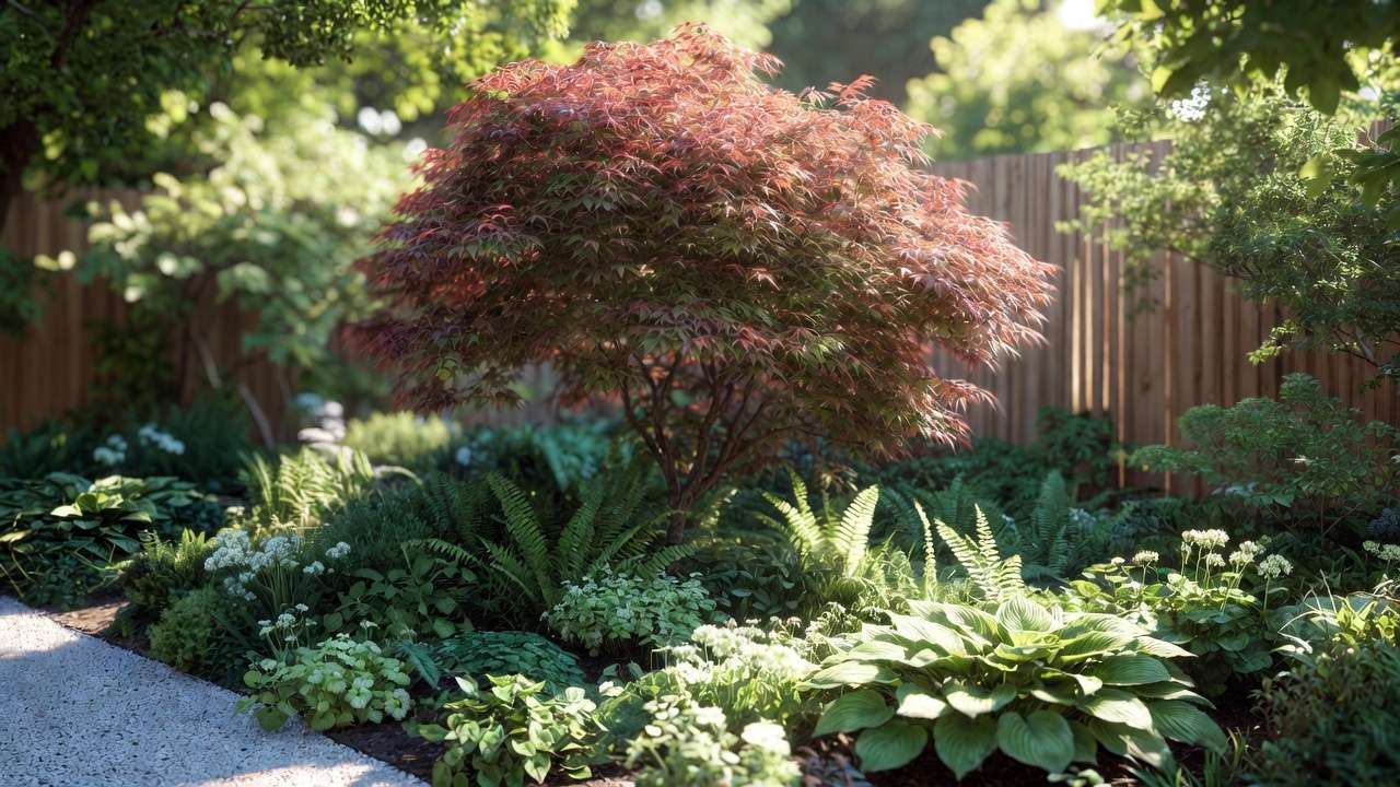 Dwarf Japanese maple as focal tree in small backyard landscaping with layered pla