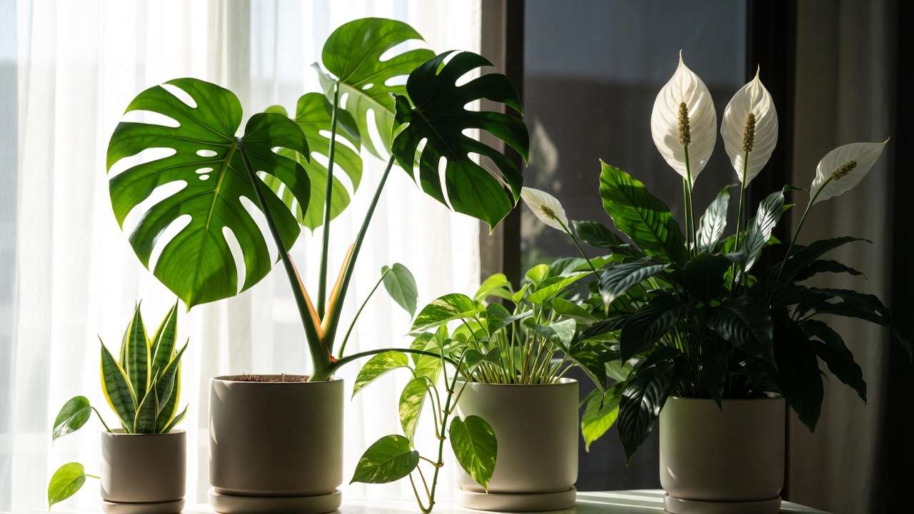 Lush indoor houseplants like monstera, pothos, peace lily, and snake plant thriving on a sunny windowsill