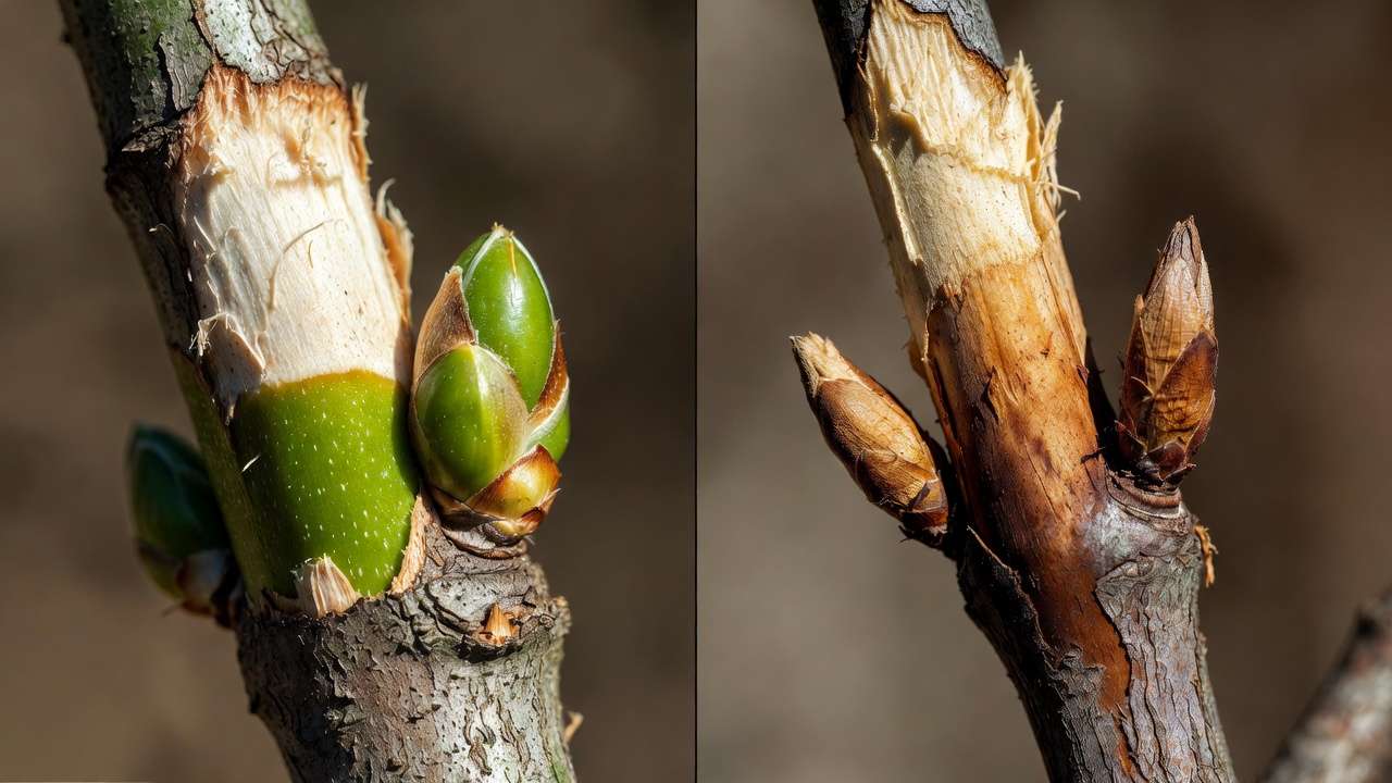 Viable vs non-viable scion wood comparison showing green cambium and plump buds versus dry dead tissue