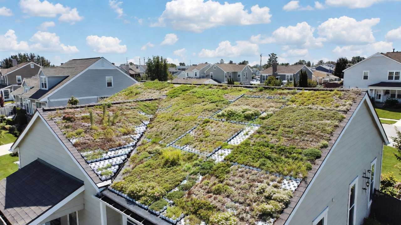 Real homeowner example of lush extensive green roof on suburban house rooftop with sedum and grasses