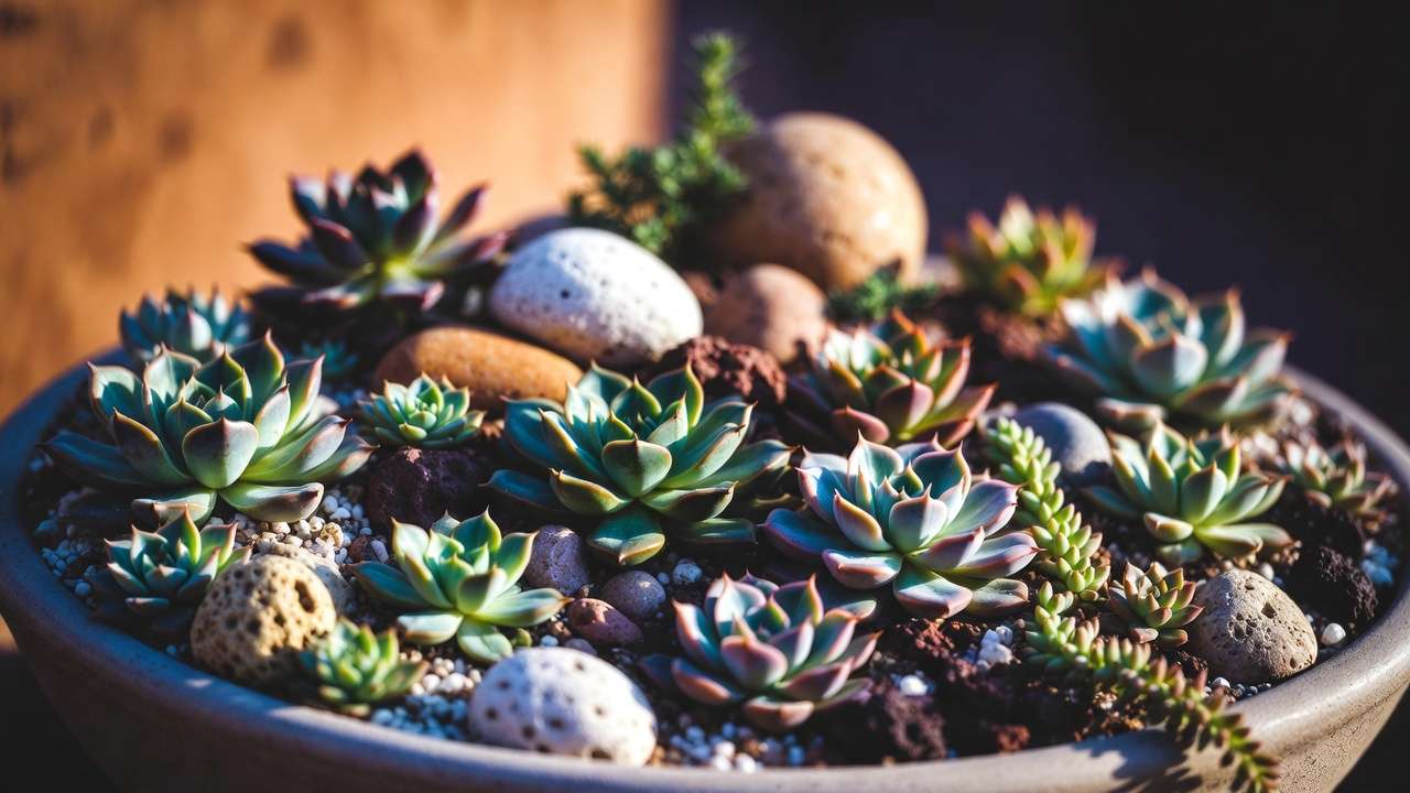 Inspiring finished succulent arrangement with decorative stones in a mini rock garden style