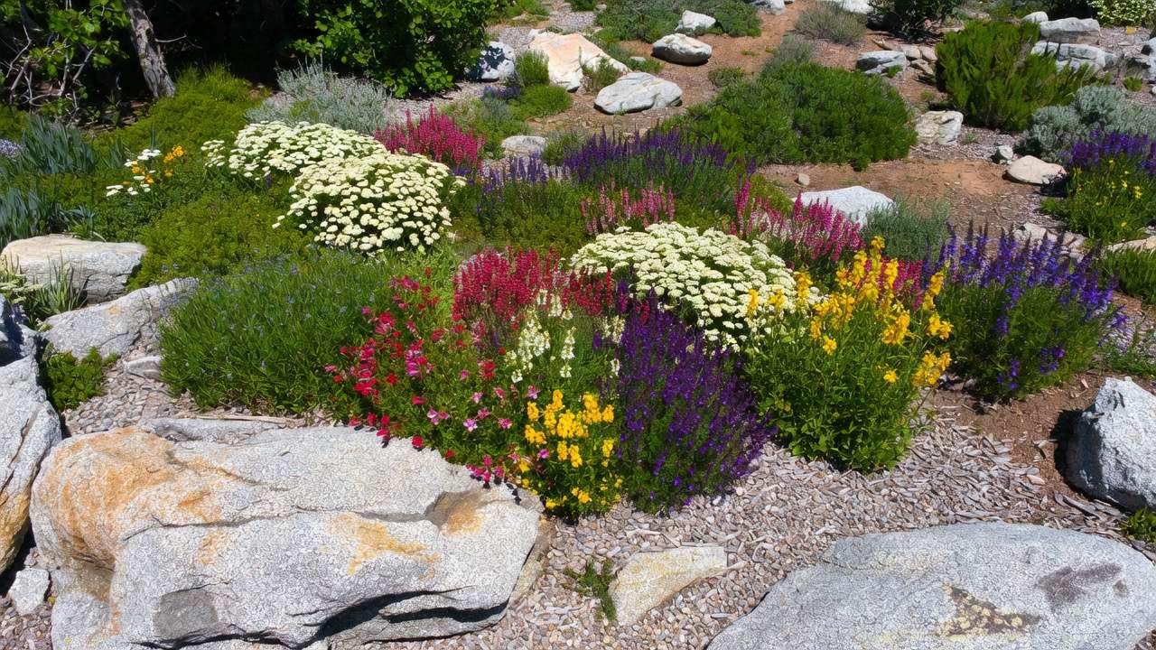 Mature thriving xeric rock garden in bloom with low-maintenance drought-tolerant perennials and rocks