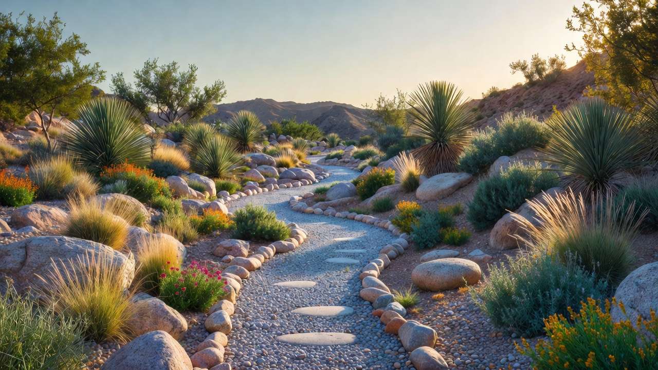 Dry riverbed design in xeric rock garden with flowing gravel path and drought-resistant plants
