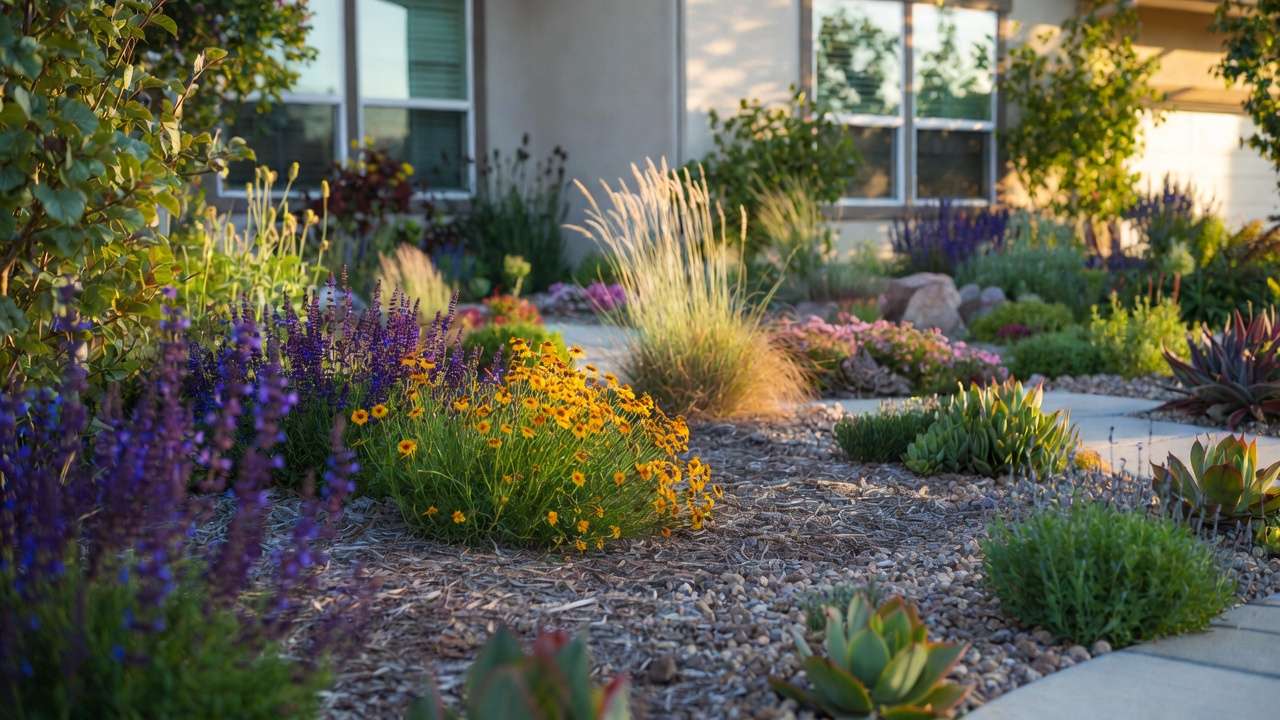 Vibrant xeriscape front yard with colorful drought-tolerant plants and mulch beds for sustainable low-water landscaping