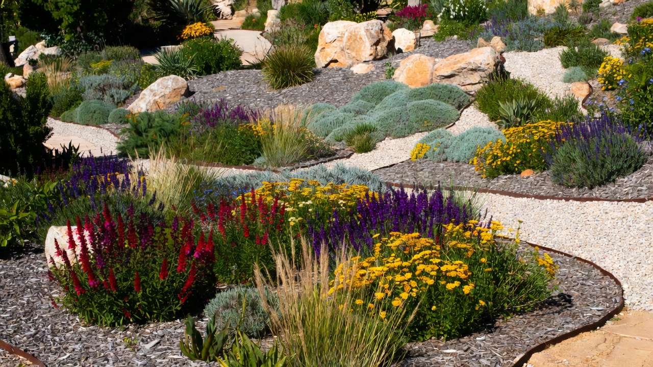 Vibrant xeriscape garden with colorful drought-tolerant plants, grasses, and mulch for low-maintenance yard transformation
