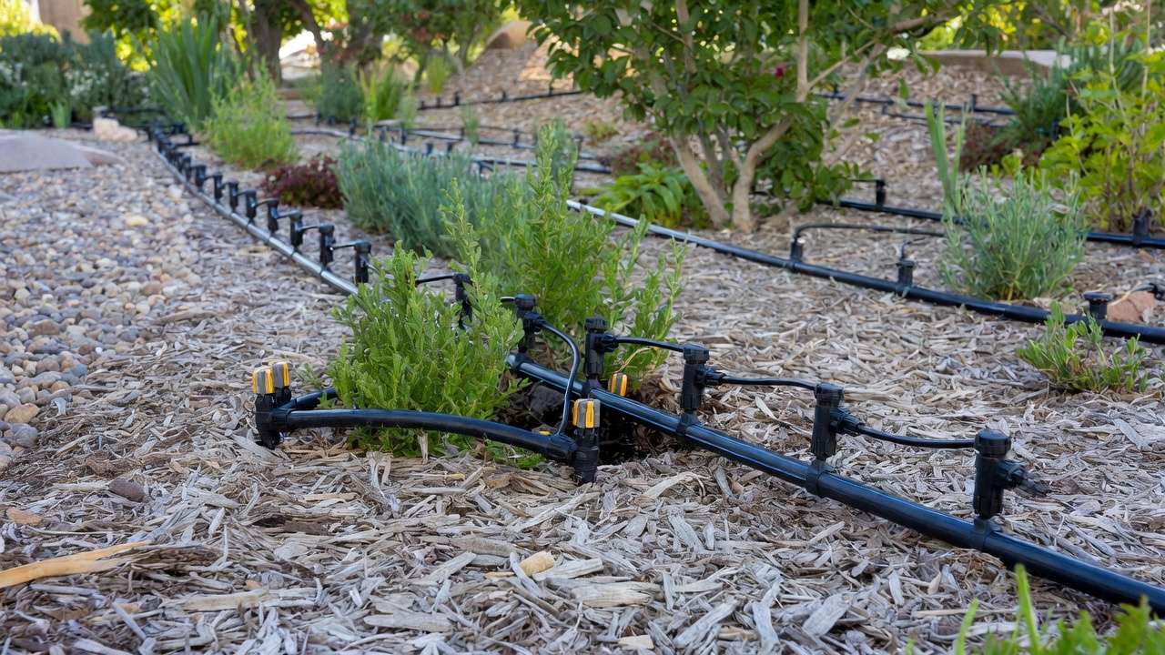 Drip irrigation system watering drought-tolerant plants in a xeriscape garden bed with mulch.