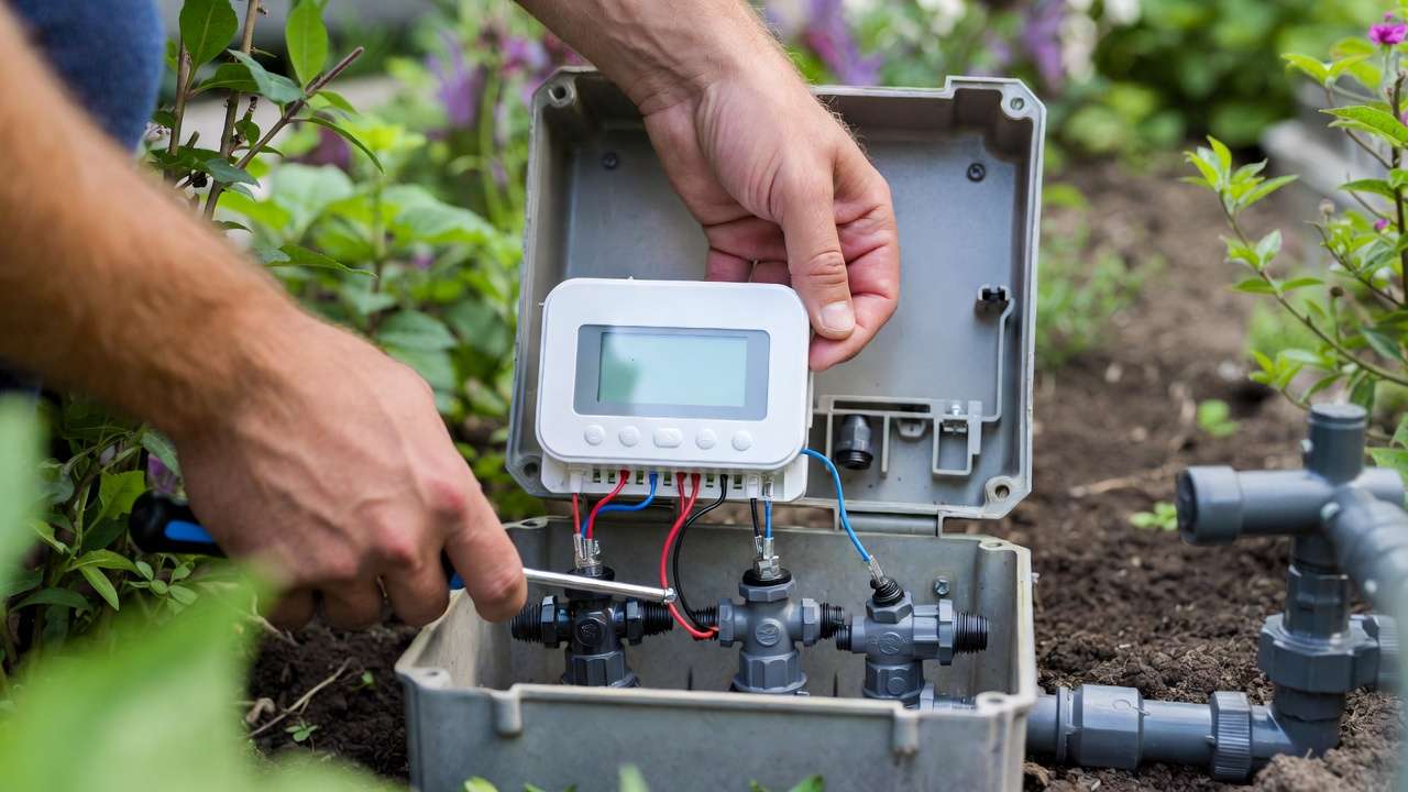 DIY installation of smart irrigation controller wiring in garden setup