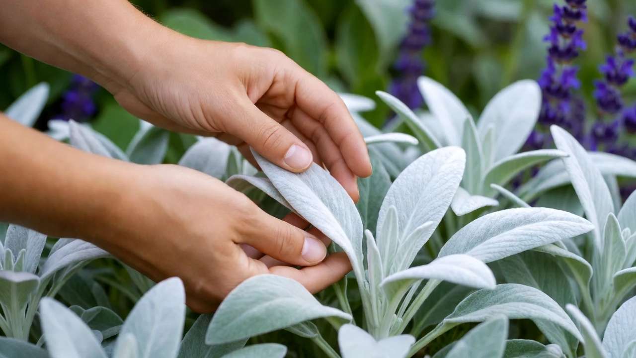 Hands gently touching lamb's ear plant in healing garden for mindfulness and stress relief