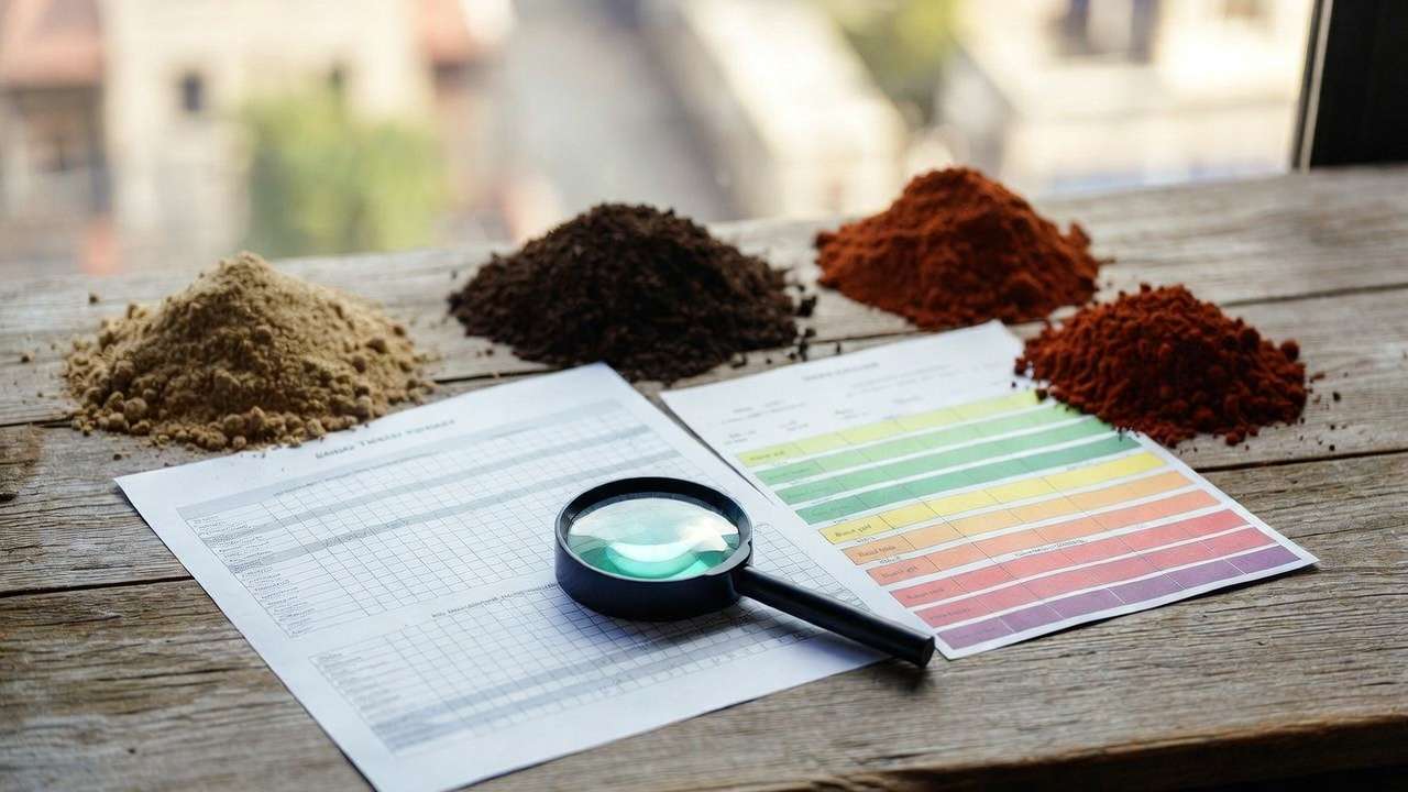 Soil test report interpretation setup with color charts and different urban soil samples