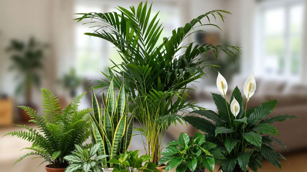 Bamboo palm grouped with other houseplants like snake plant for enhanced indoor air quality benefits