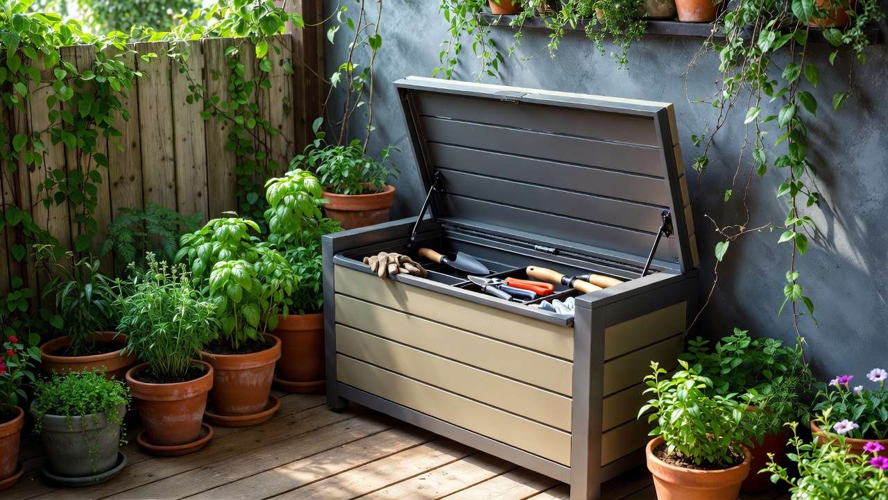 Storage bench with hidden compartment for garden tools in small plant-filled balcony