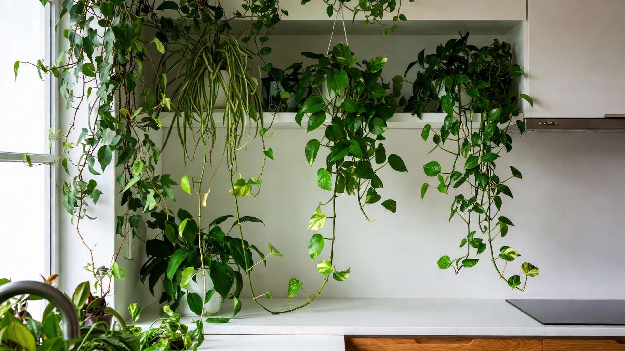 Golden pothos and English ivy trailing in kitchen setup to improve indoor air freshness and reduce odors