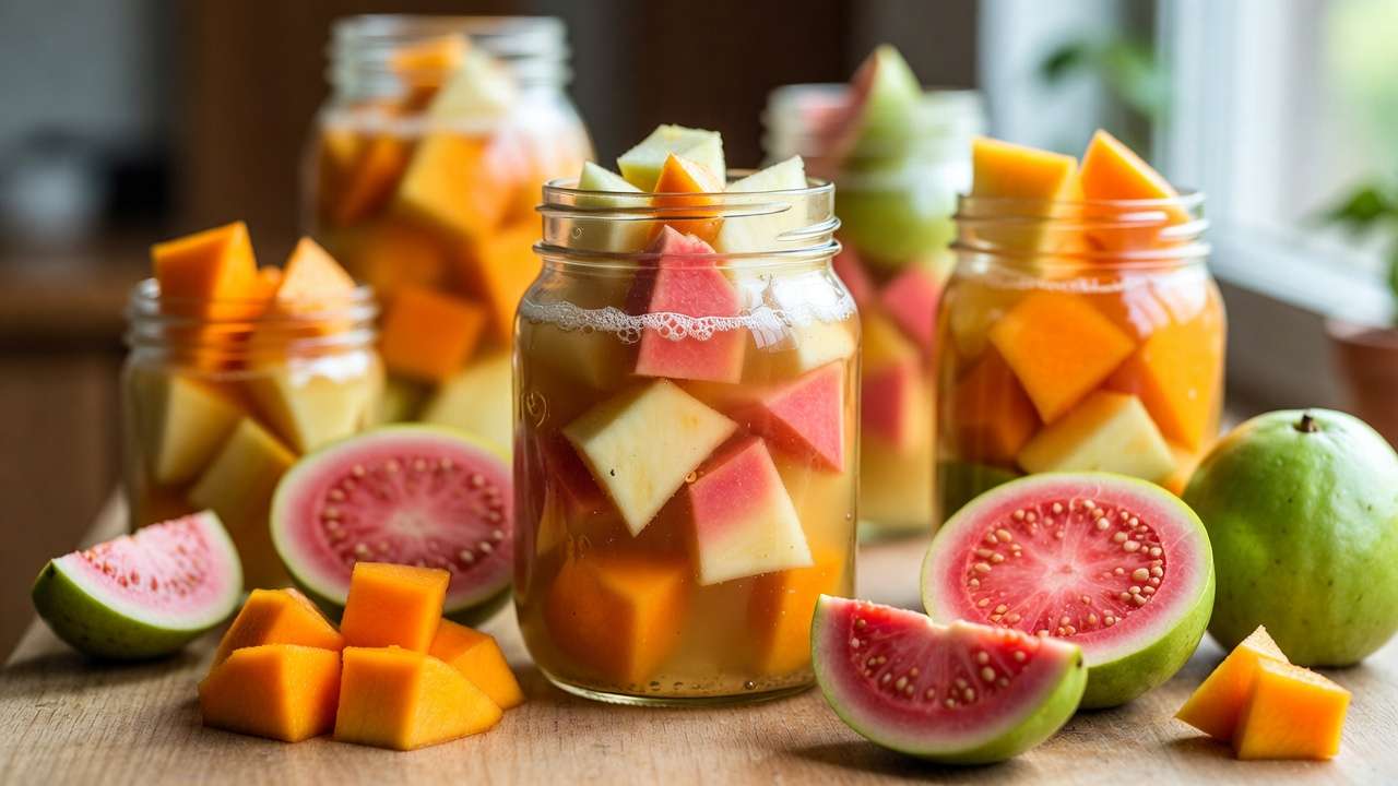 Glass jars of homemade lacto-fermented tropical fruits mango guava pineapple probiotic preserves