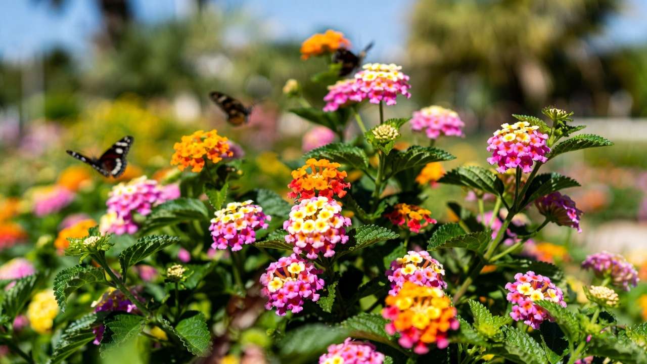Colorful lantana shrub with multi-hued pink yellow orange flowers in a drought-tolerant tropical garden