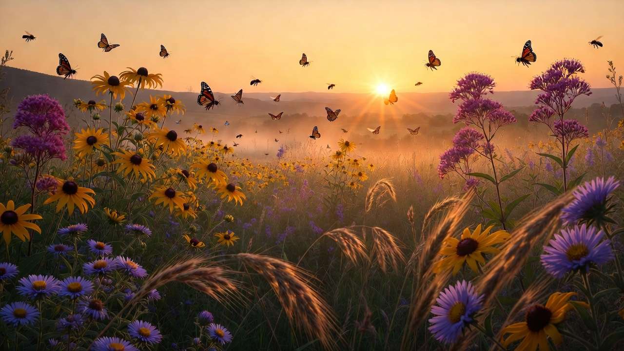 Large native wildflower meadow garden bursting with asters, goldenrod, black-eyed Susans, and flying butterflies and bees