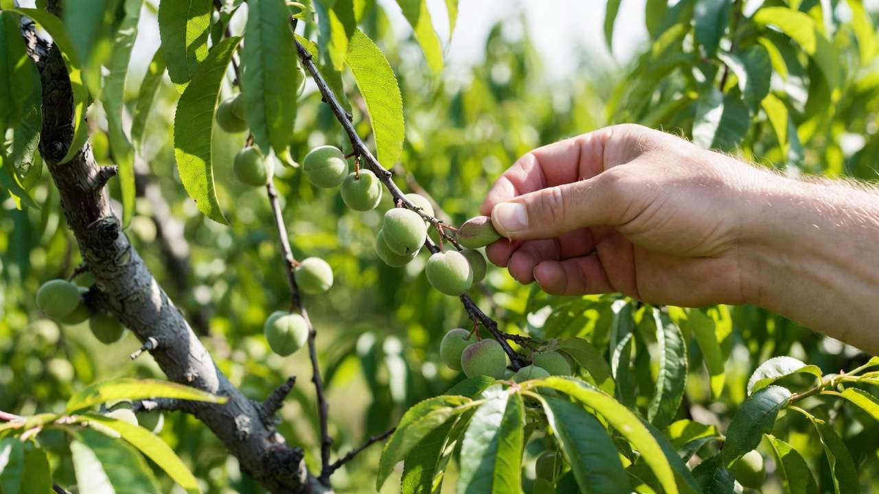 Hand thinning young peaches on tree branch for better fruit size and quality
