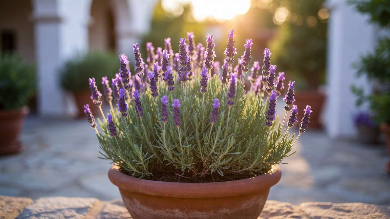 Compact lavender in terracotta pot blooming vibrantly under full sun – ideal drought-hardy container plant