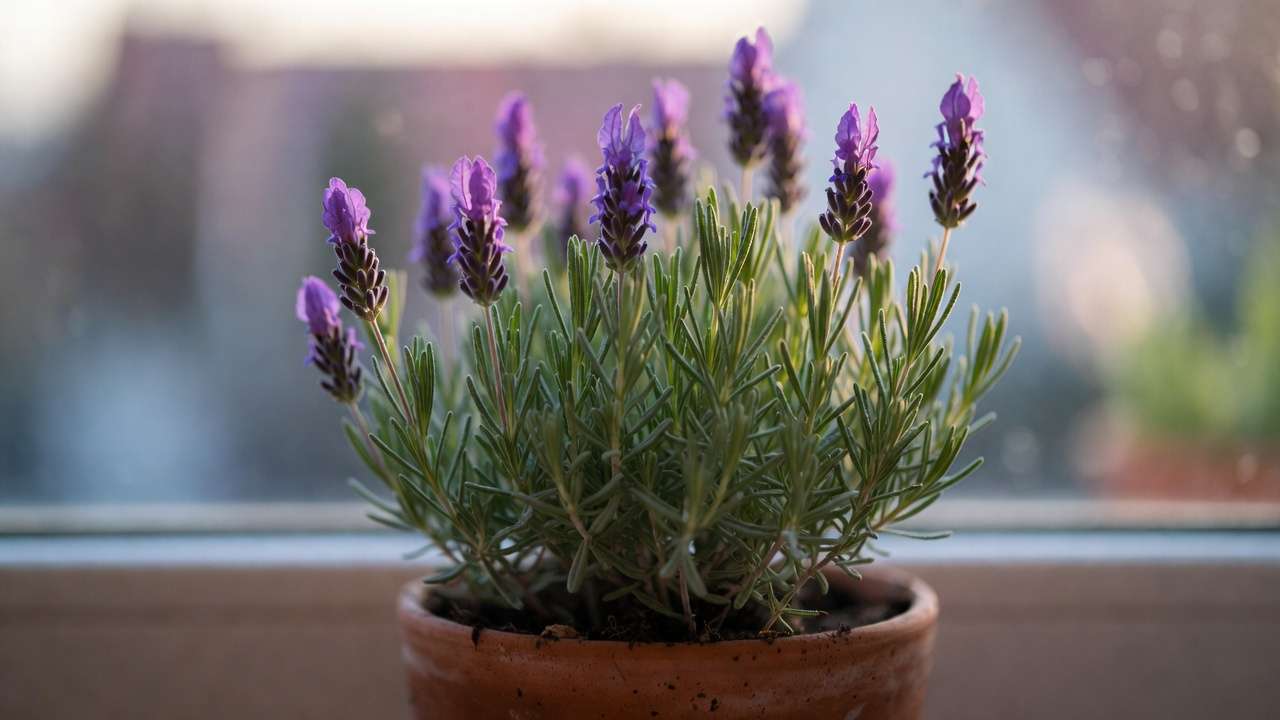 Close-up of blooming indoor lavender plant in terracotta pot for aromatherapy relaxation and sleep benefits.