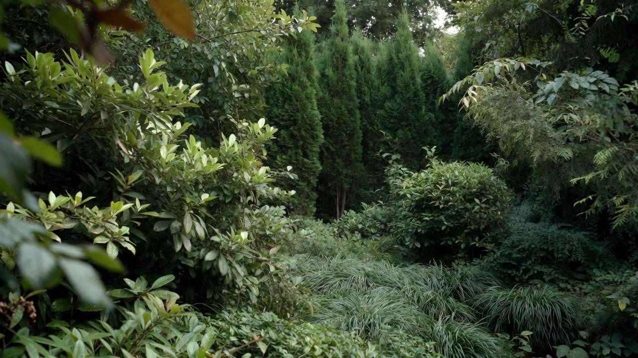 Multi-layered privacy planting with tall trees, medium shrubs, and low groundcover in a small backyard for added depth.