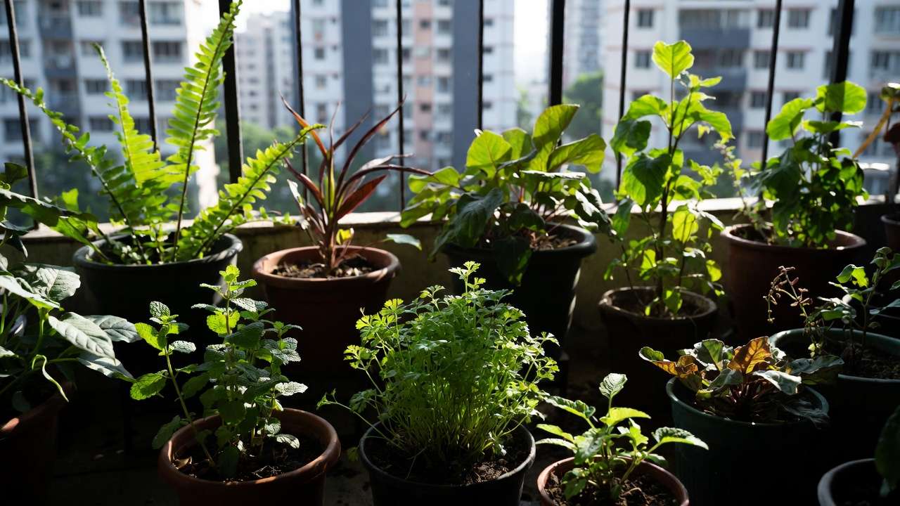 Shade-tolerant urban balcony garden with ferns mint and greens thriving in low sunlight blocked by city buildings