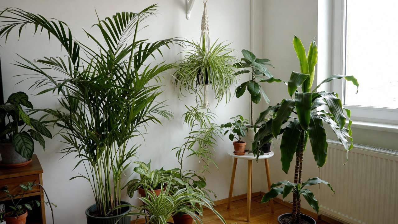 Lush living room houseplant combination with bamboo palm, spider plant, and Dracaena for boosting indoor air quality