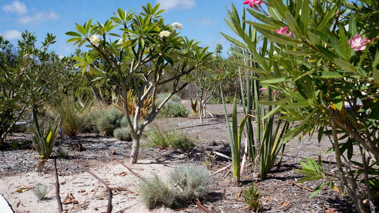 Low-water hydrozone featuring drought-tolerant tropical plants like plumeria and ornamental grasses