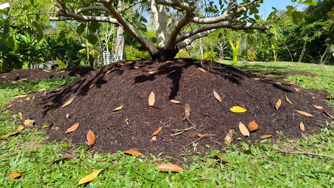 Proper mulching around pruned fruit tree base for moisture retention and tree health