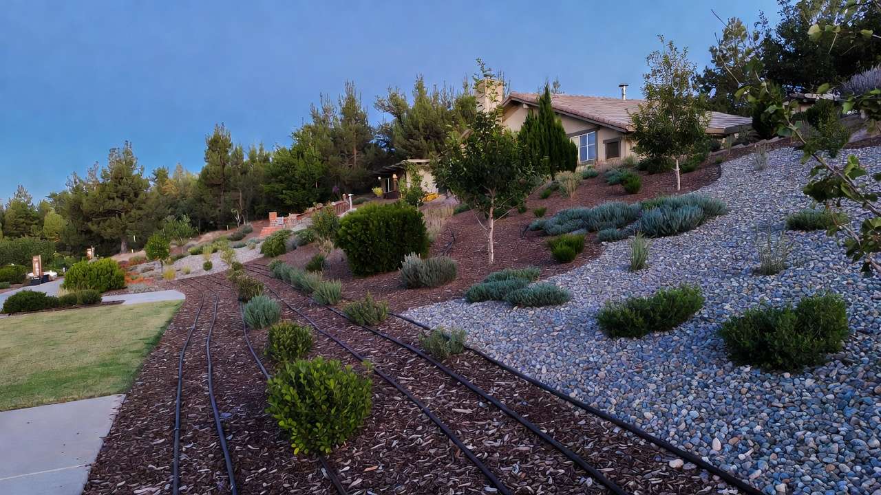 Maintained fire-resistant yard with irrigation, pruning, and gravel mulch to reduce wildfire risk
