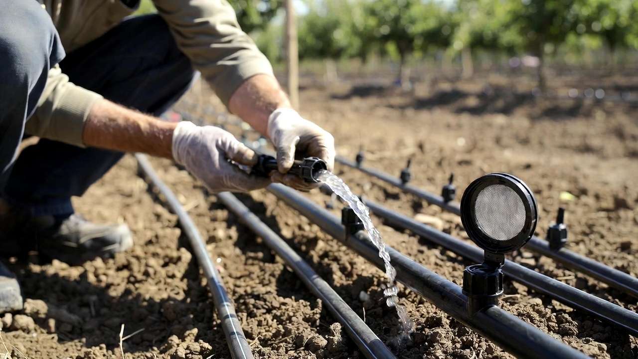 Gardener flushing and cleaning a DIY drip irrigation line during seasonal orchard maintenance